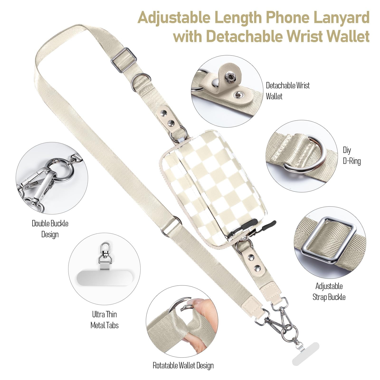 Cysiyu Clip and Go Strap for Phone with Wallet Crossbody Phone Lanyard and Detachable Checkered Bag with ID Window and RFID Pouch for Daily Travel.