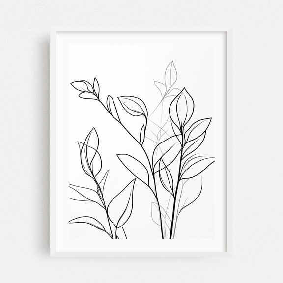 Minimalist Flower Art - Line Drawing Line Art Minimalist Botanical Black and White Nature Floral Modern Art White Framed Wall Art Print 16 x 20 inches