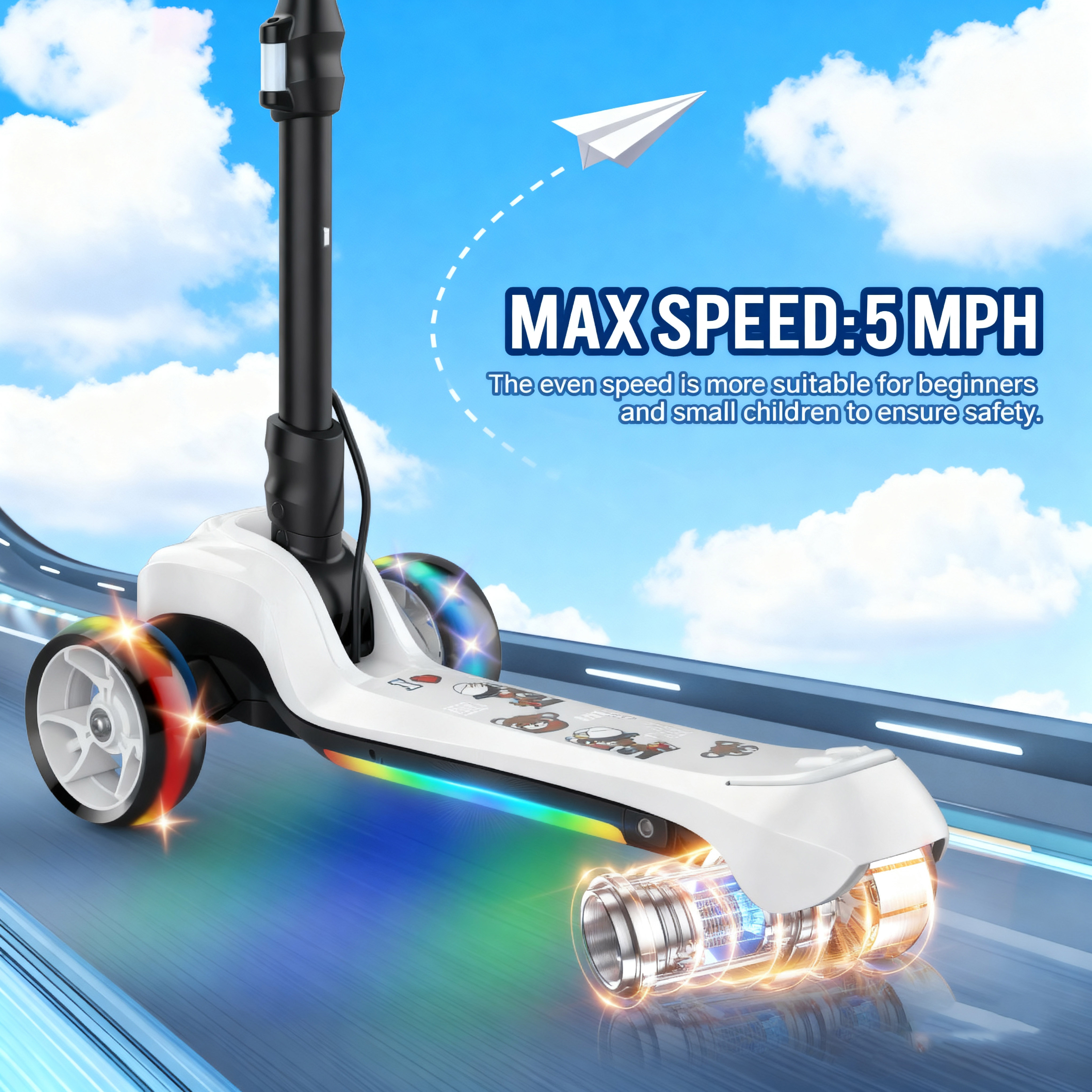 Electric Scooter for Kids Age 3-6, Light-Up Pole & Pedal Foldable Kid Escooter, 5 Mph Max 3-Wheel Electric Ride On Toys (White)