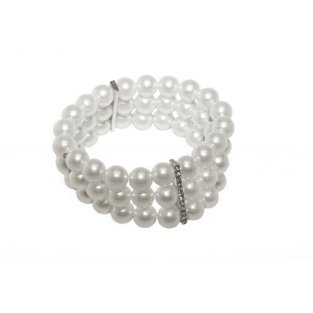 2 Row Stretch Bracelet - Lux Accessories White Multi Row Faux Pearl Rhinestone Stretch Bracelet