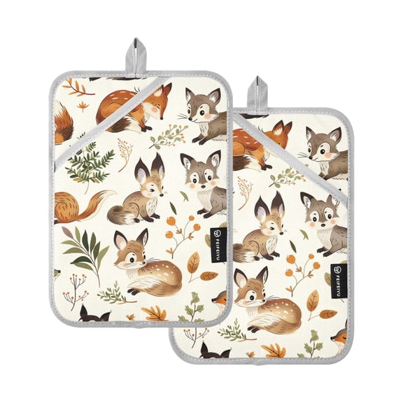Oven Mitts 2 Pcs Pot Holders Sets Heat Resistant Hot Pads for Kitchen Cooking Baking 7"x9.8" Cute Fox and Plant
