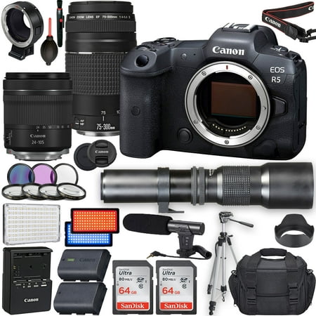 Canon EOS R5 Mirrorless Camera with RF 24-105mm f/4-7.1 IS STM Lens + Canon EF 75-300mm f/4-5.6 III Lens + 500mm f/8 Preset Lens + 2pc 64GB Memory Card + Microphone + Led Video Light & More