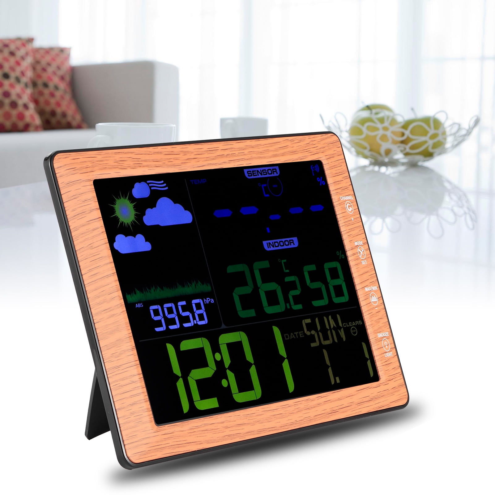 BIMZUC Wireless Weather Forecast Station Color Screen Alarm Clock Wood Color Digital Thermometer Hygrometer Indoor Outdoor Sensor, 8.5x6.3x0.8 inches / 21.5x16x2 cm