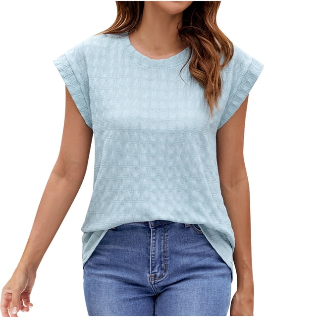 Plebaso Hauts pour Femmes Manches Courtes Col Rond T-Shirts Mignons Décontractés Couleur Unie Blouses Texturées 2025