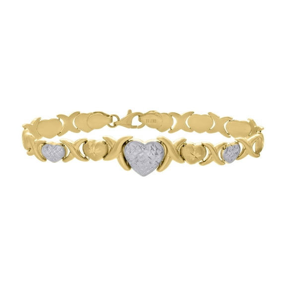 10kt Real Two-tone Gold Womens Heart Link 7" Bracelet