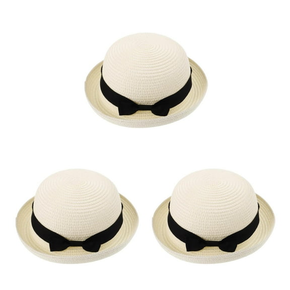 Raindrops 3pcs Fashion Women's Girls Bowknot Roll-up Wide Brim Dome Straw Summer Sun Hat Bowler Beach (Creamy White)