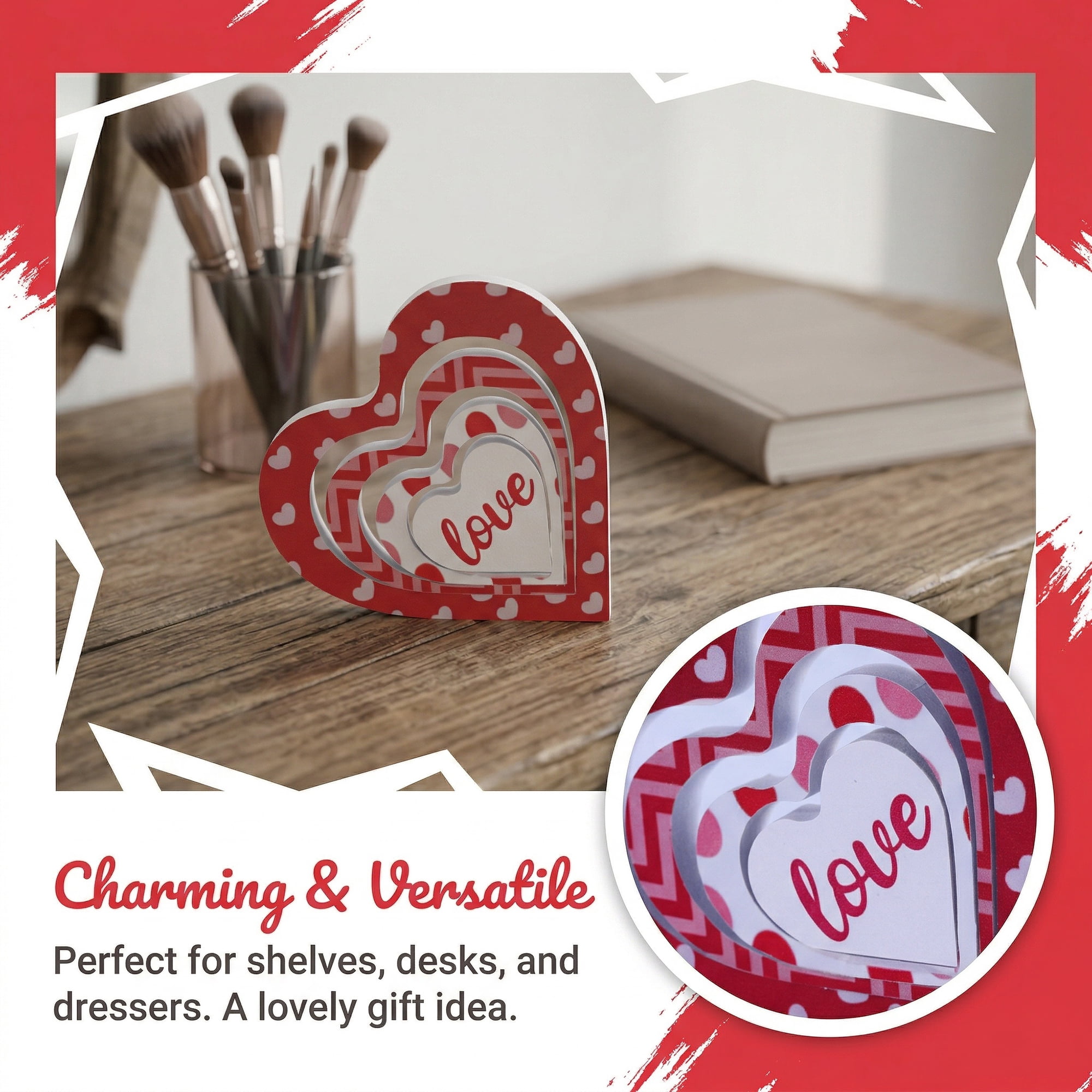 Unique Bargains Wooden Heart Table Decor Removable Stackable Heart Sign Style D 5.1in