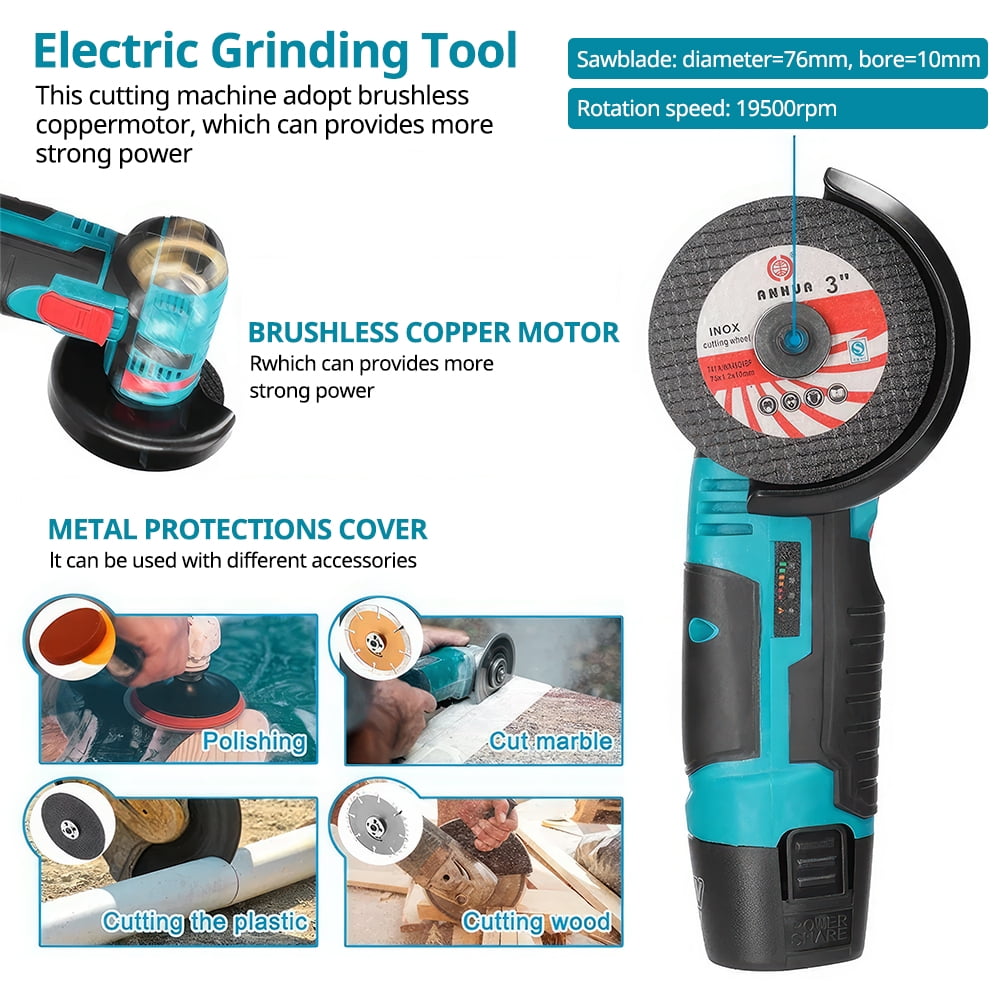 Vtin Cordless Angle Grinder, 12V Battery Mini Brushless Power Motor 19500rpm Angle Grinder for Metal Wood Polishing, Thin Steel, Hand Cut Off Electric Grinding Tool