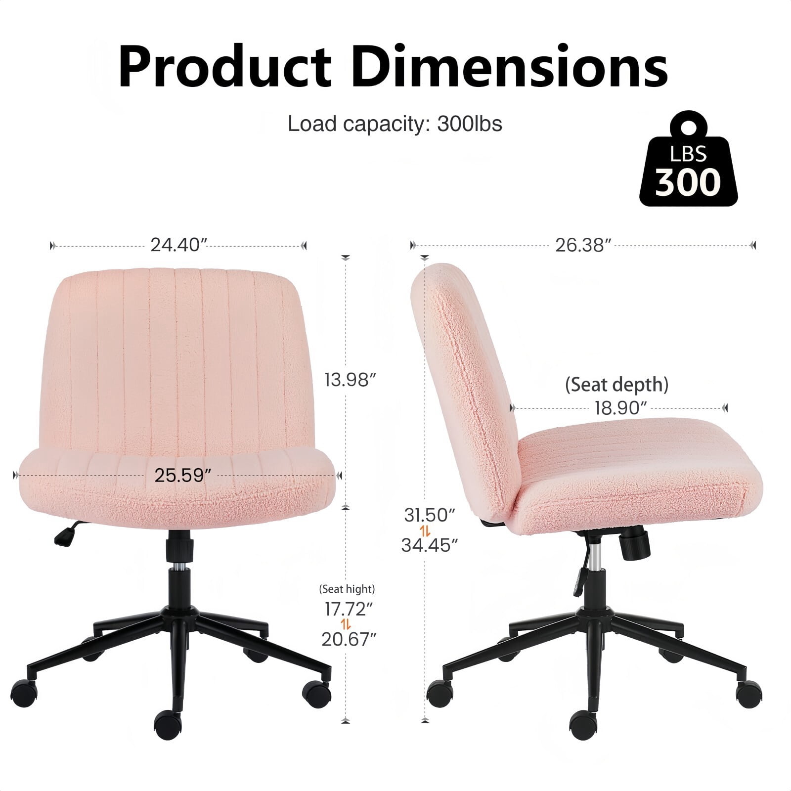 Kelno Armless Criss Cross Office Chair with Wheels 300lb Capacity Wide Seat Cross Legged Desk Chair Height Adjustable Swivel Vanity Chair, Pink Teddy