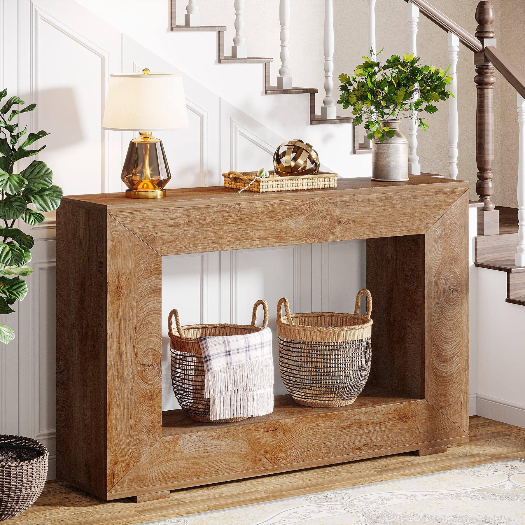 Finmind 47" Farmhouse Console Table, Industrial Entryway Console Table with Storage, Wood Accent Table for Hallway, Living Room, Entrance