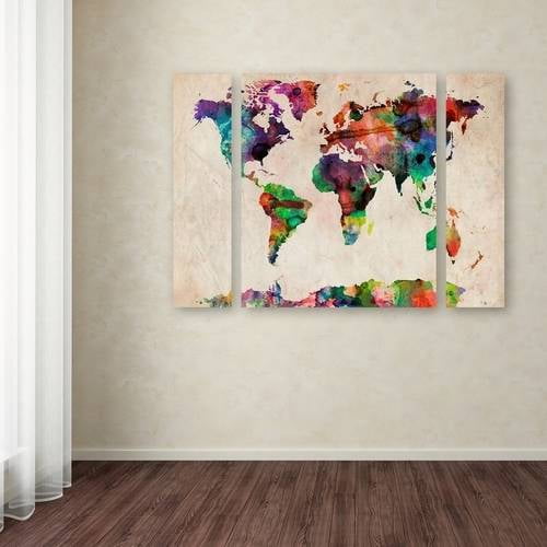 Trademark Fine Art "Watercolor World Map" Canvas Art by Michael Tompsett Three Panel Set