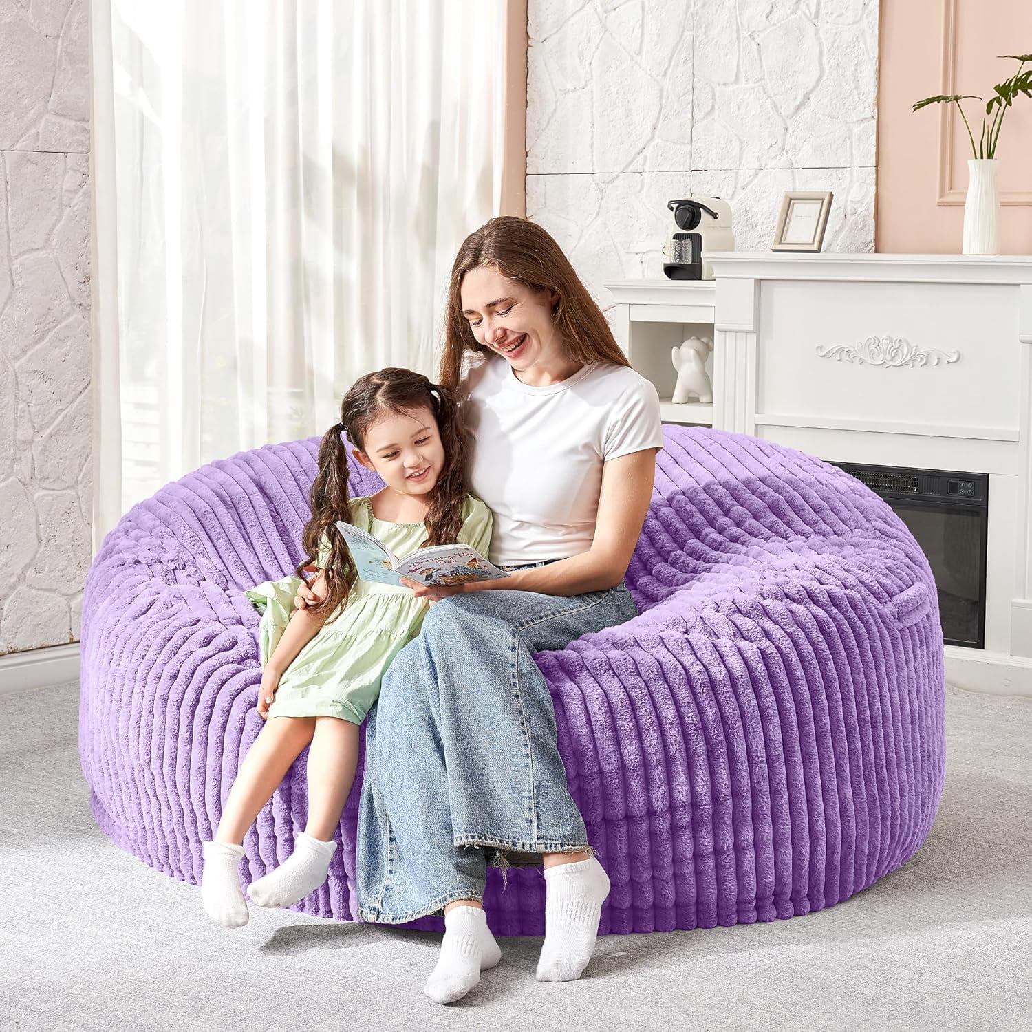 3FT Bean Bag Chair, 3' Large Bean Bag Chairs for Adults with Stripe Plush Cover, Memory Foam Beanbag Chair for Living Room Bedroom Dorm，Grey