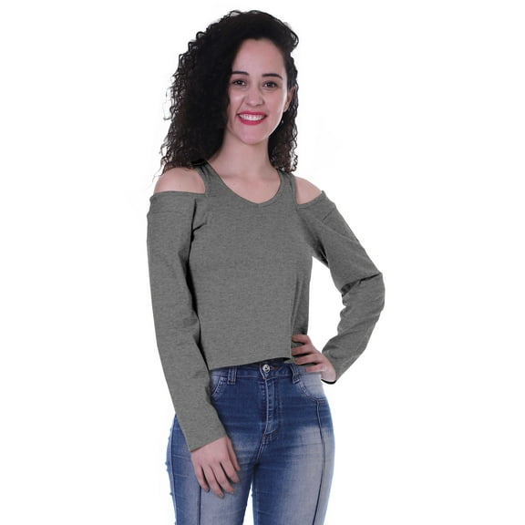 Moomaya Womens Cold Shoulder Short Top Solid Full Sleeves Summer Tee Tops