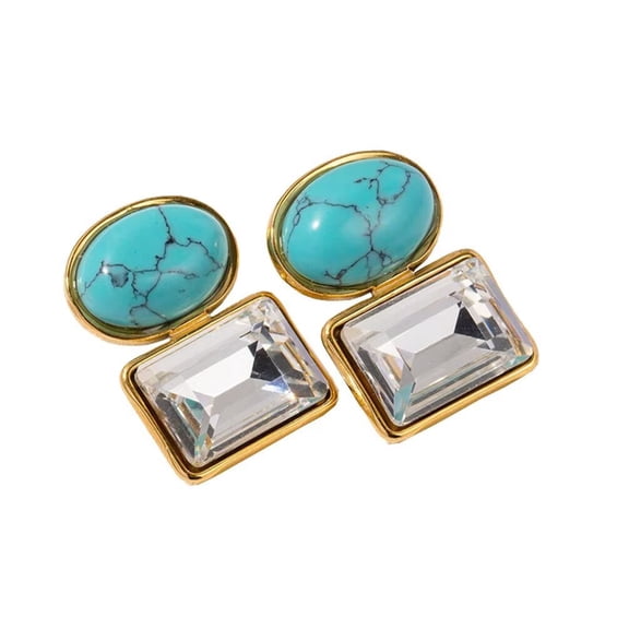 PAMTIER Women Stainless Steel Unique Dainty Square 2 Layers Green Gemstone Earrings with White Crystal Drop Dangle Huggie Hoop Ear Stud Piercings