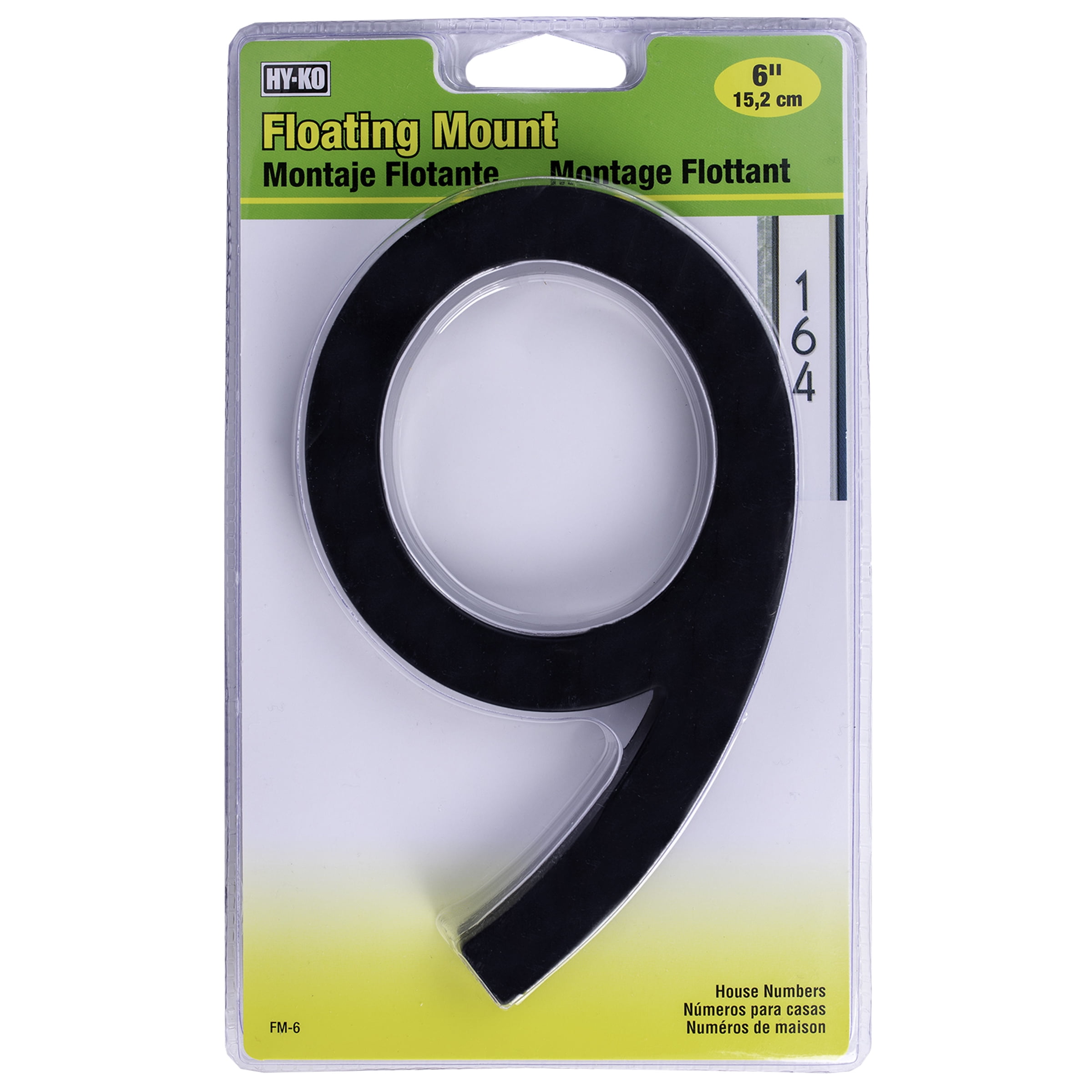 (3 pack) HY-KO 6" Black Floating Mount House Number 9