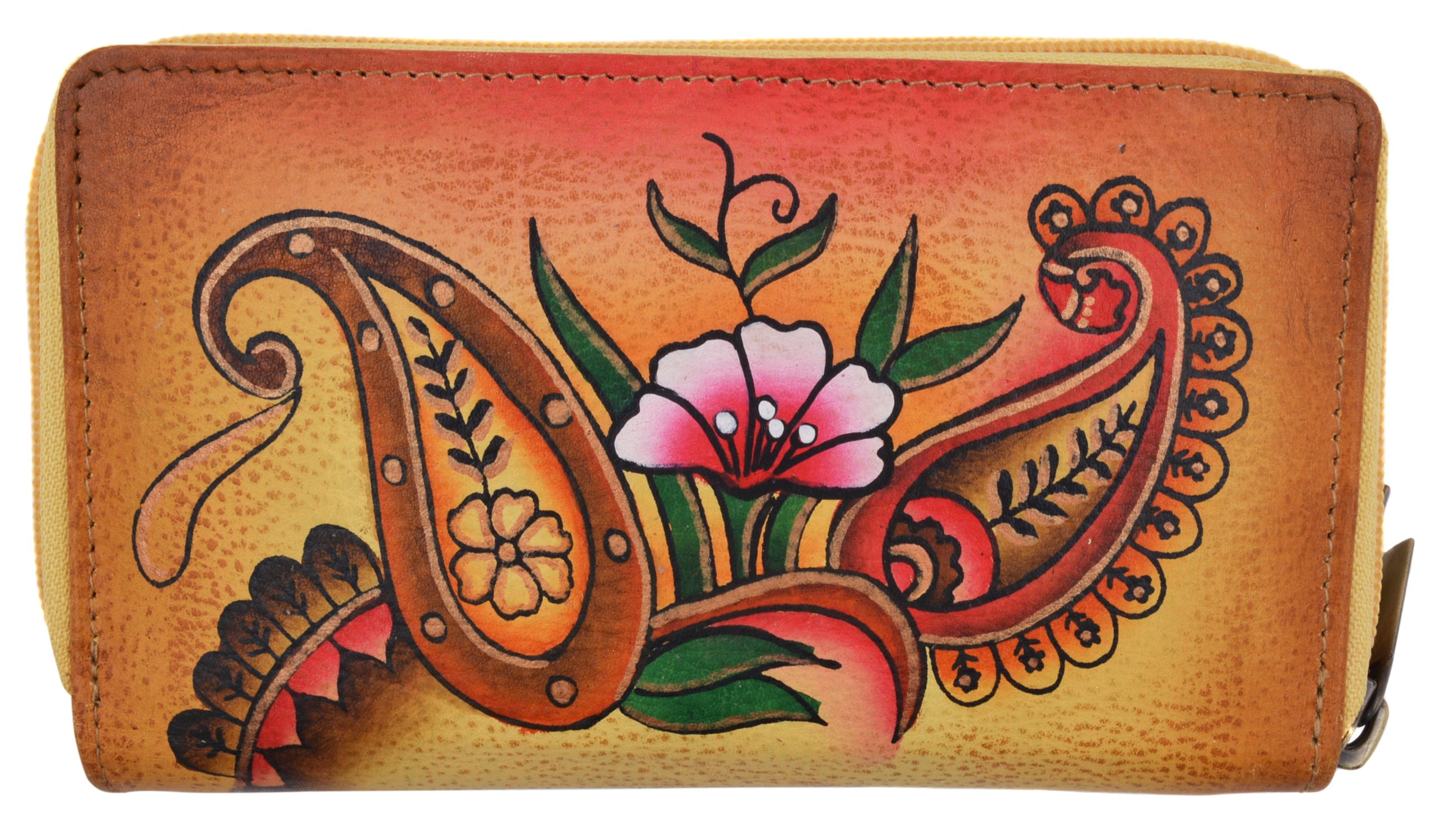 Fox Floral Pattern Womens Genuine Leather Wallet Zip Around Wallet Clutch Wallet Coin Purse