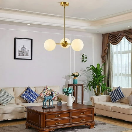 

3 Lights Globe Pendant Light Mid Century Chandelier Modern Hanging Light Fixture Brushed Brass Finished with White Globe Glass Lampshade