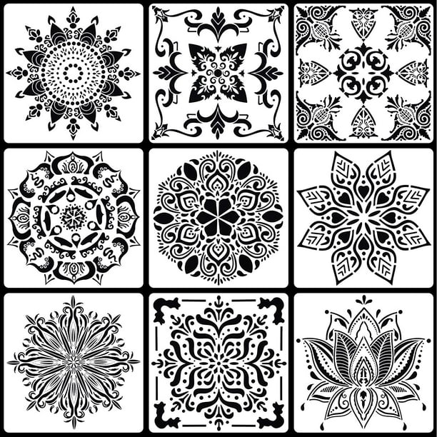 9 Pieces Large Mandala Stencils Set 12 x 12 Inches, Reusable