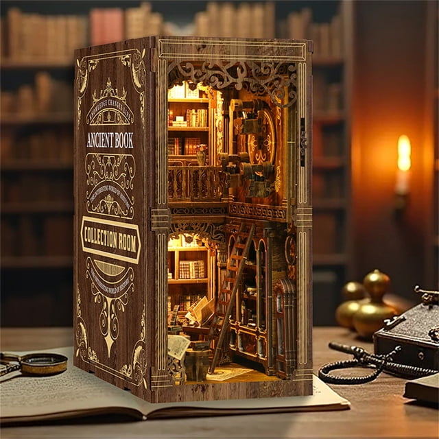 BotaniNest Ancient Book Room DIY Book Kit | Light DIY Miniature Bookshelf Insert Kit 3D Wooden Puzzle For Bookshelf For Book Lovers &