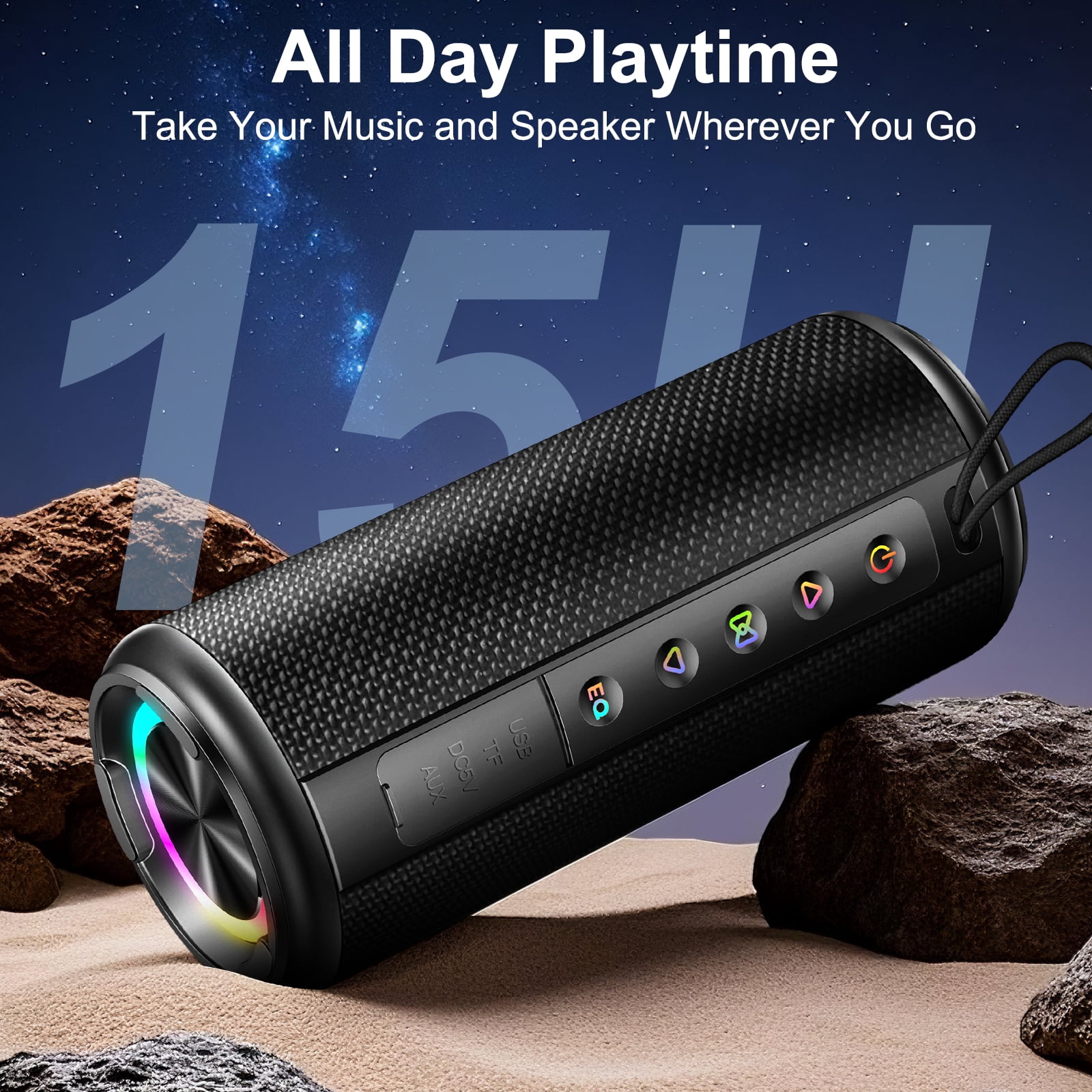 Portable Wireless Bluetooth Speaker, 20W HD Stereo Sound, Bluetooth 5.4, 15H Playtime, IPX7 Waterproof, LED Lights, TWS Pairing, Built-in Mic, Ideal for Outdoor, Party, Home, Beach & Gift (Black)