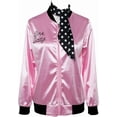 thumbnail image 1 of 50s Ladys - chamarra de satén rosa para Halloween, disfraz de cosplay, chamarra rosa con bufanda para el cuello, 1 of 5