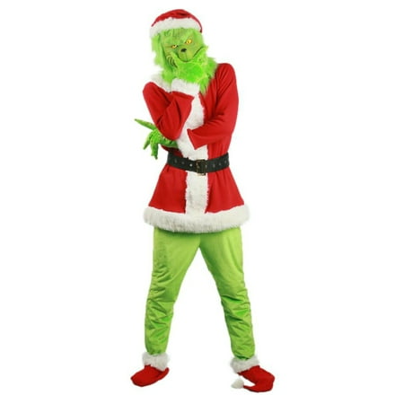 Ma&Baby Christmas Grinch Deluxe Santa Costume with Green Funny Mask Christmas Hat,Furry Adult Santa Suit Outfit