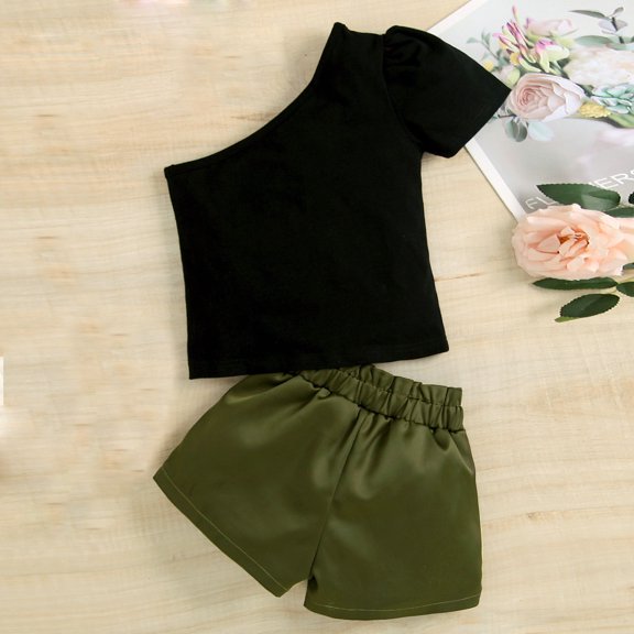 Vedolay Short Sets For Girls Girls' 2 Piece Outfits Cute Graphic Ribbed Knit Tee with Track Shorts,Black 3-4 Years