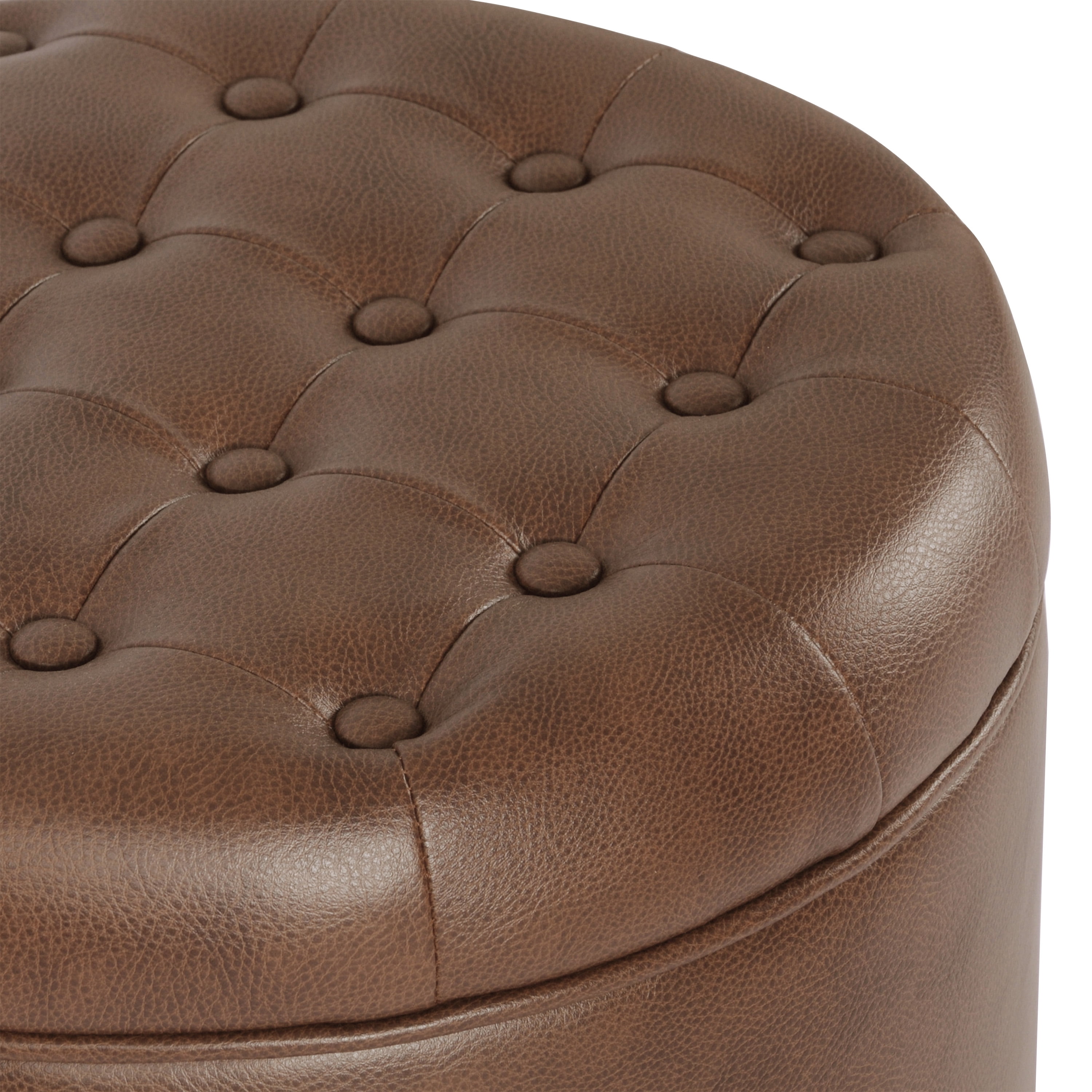 HomePop Small Round Button Tufted Storage Ottoman, Brown Faux Leather