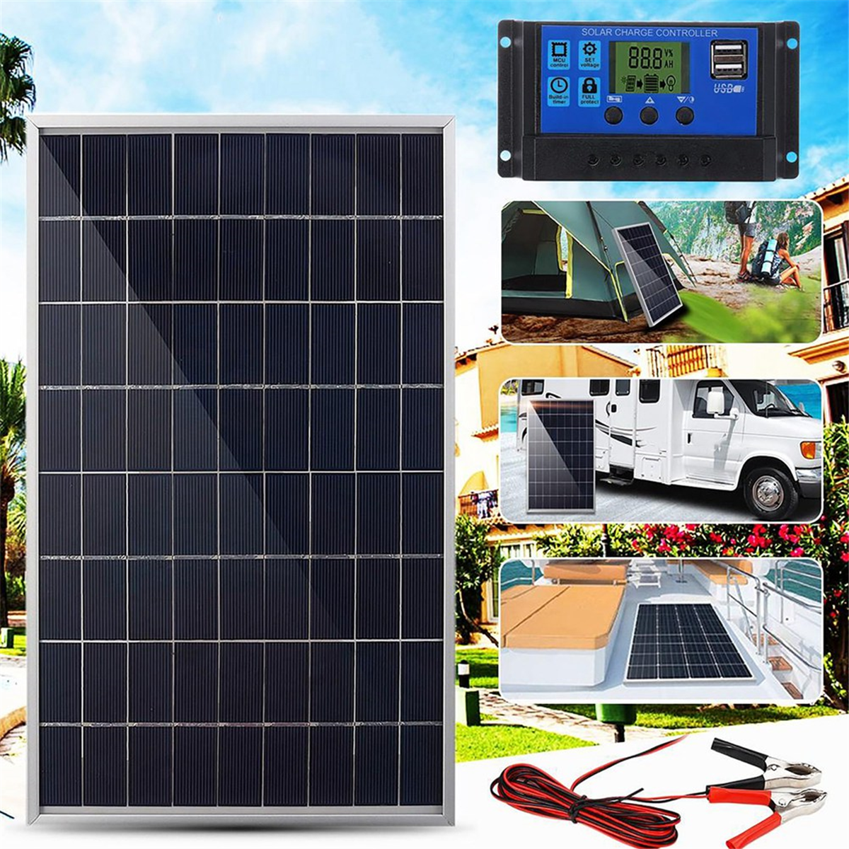 Solar Panel 10W 12V Polycrystalline IP65 Waterproof Portable 30A Solar Charge Controller Combo for Outdoor