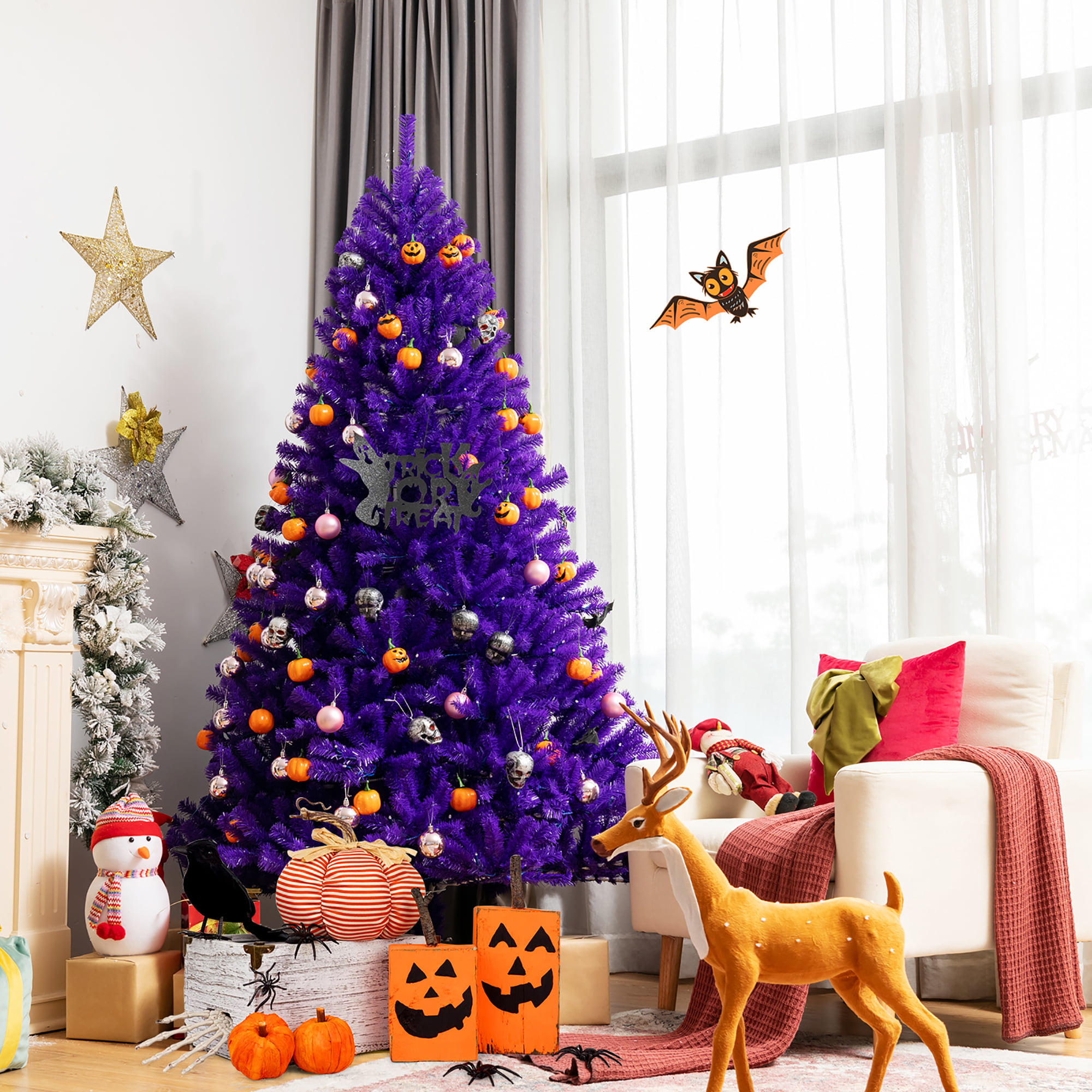 6ft Pre-lit Purple Halloween Christmas Tree w/ Orange Lights Pumpkin Decorations - image 5 of 10