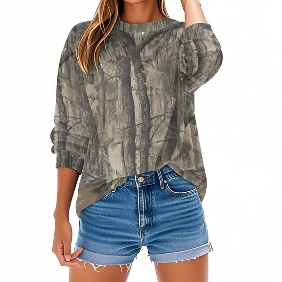 CLOISE Lightweight Sweatshirts for Women Plus Size Crew Neck Tops Camouflage Long Sleeve Pullover Oversized Clothes
