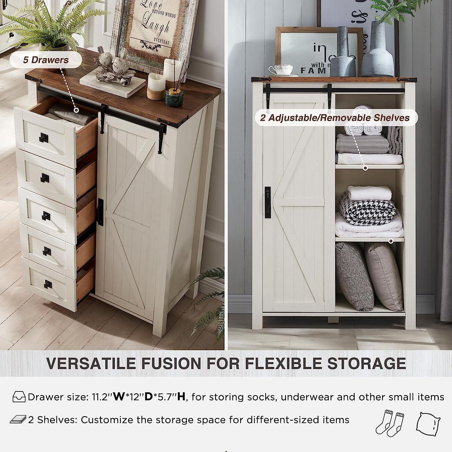 OKD Modern Farmhouse 5-Drawer Dresser with Barn Door, Adjustable Storage Cabinet for Bedroom Living Room, White