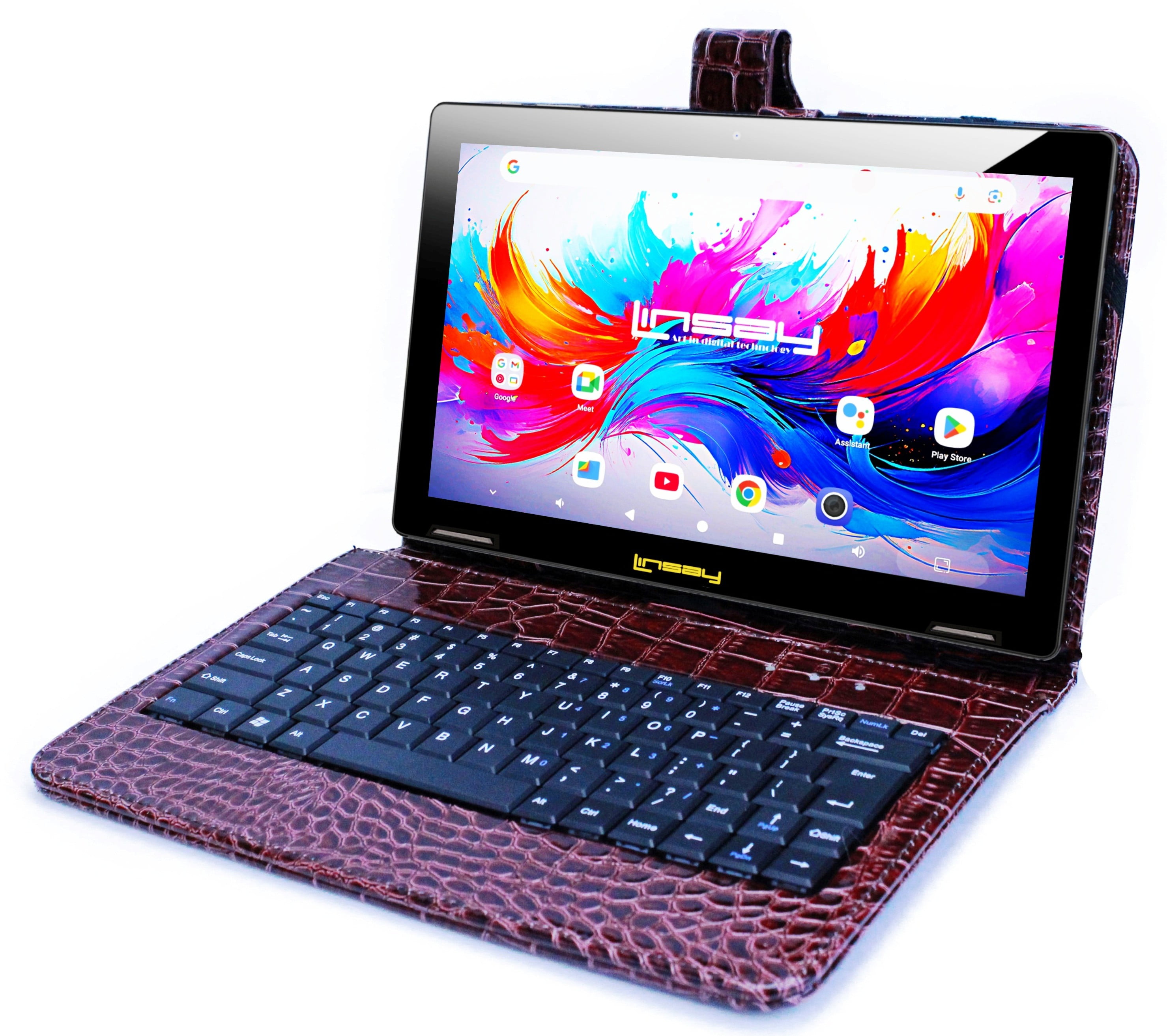LINSAY 10.1" Octa Core 256GB Storage Android 15 Tablet with Brown Crocodile Keyboard