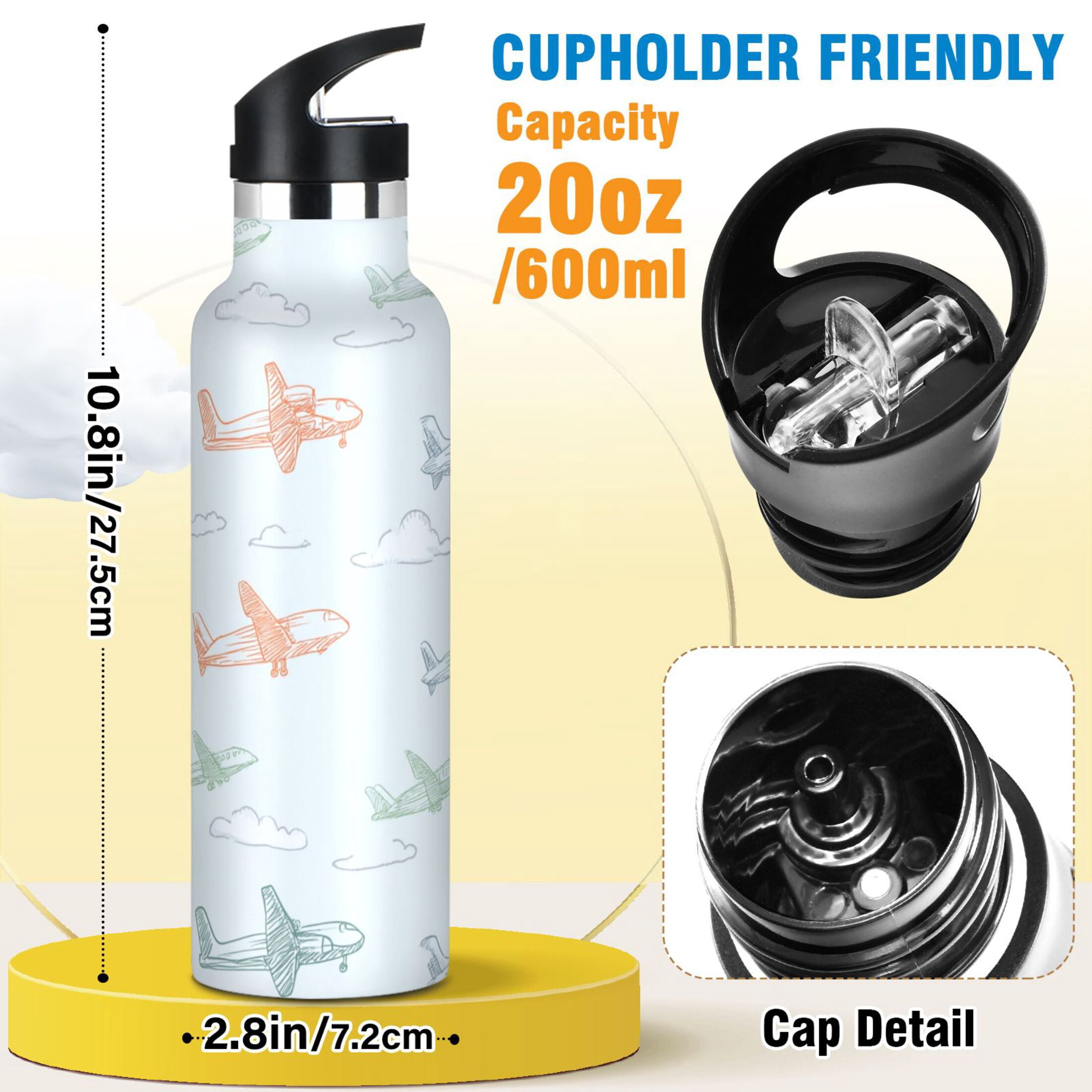 Kids Insulated Stainless Steel Sports Water Bottle 600ml (20oz) Pastel Doodle Airplanes