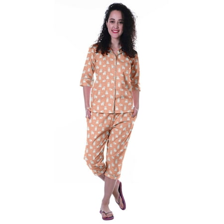 

Moomaya Printed Cotton 3/4 Sleeve Shirt With Capri 2 Piece Nightwear Set Sleepwear For Womens