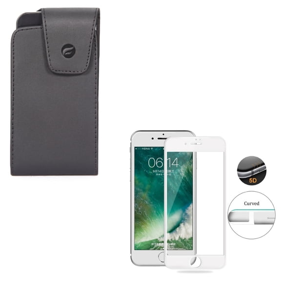 Compatible With iPhone 8 7 6S 6 - Black Leather Case w Tempered Glass Screen Protector 5D Touch