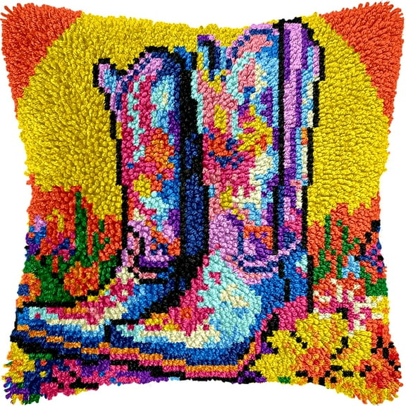 Cowboy Boots and Flowers Colorful Latch Hook kits Pillow Printed Cushion Crochet Yarn Needlework DIY Hook Latch Kit Pillowcase Rug Cover Home Sofa Christmas Decor 43x43cm(2)