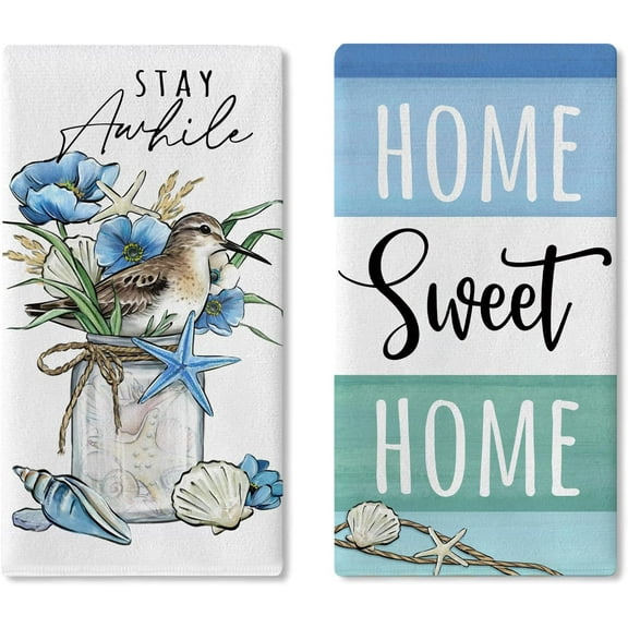 Home Sweet Home Spring Summer Kitchen Dish Towels Set of 2, Sandpiper Bird Mason Jar Drying Hand Towels Coastal Ocean Baking Cooking Cloth, Anemone Beach Nautical Kitchen Decoration 18 x 26 Inch