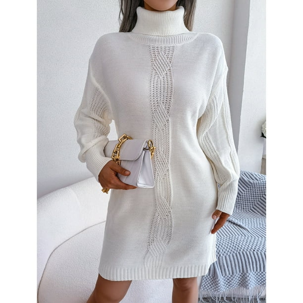 Women Casual Sweater Dress Lantern Sleeve High Neck Sweater Dress Acrylic Drop Shoulder For Autumn For Winter OD Green White Khaki