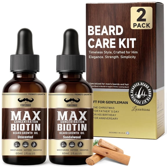 Biotin Beard Oil for Men Set – 2 Pack Unscented & Sandalwood Beard Oil Blended with Castor & Grape Seed Oil for Thicker, Softer, Moisturizing Beard – Gift for Father, Husband, Boyfriend – 4 oz