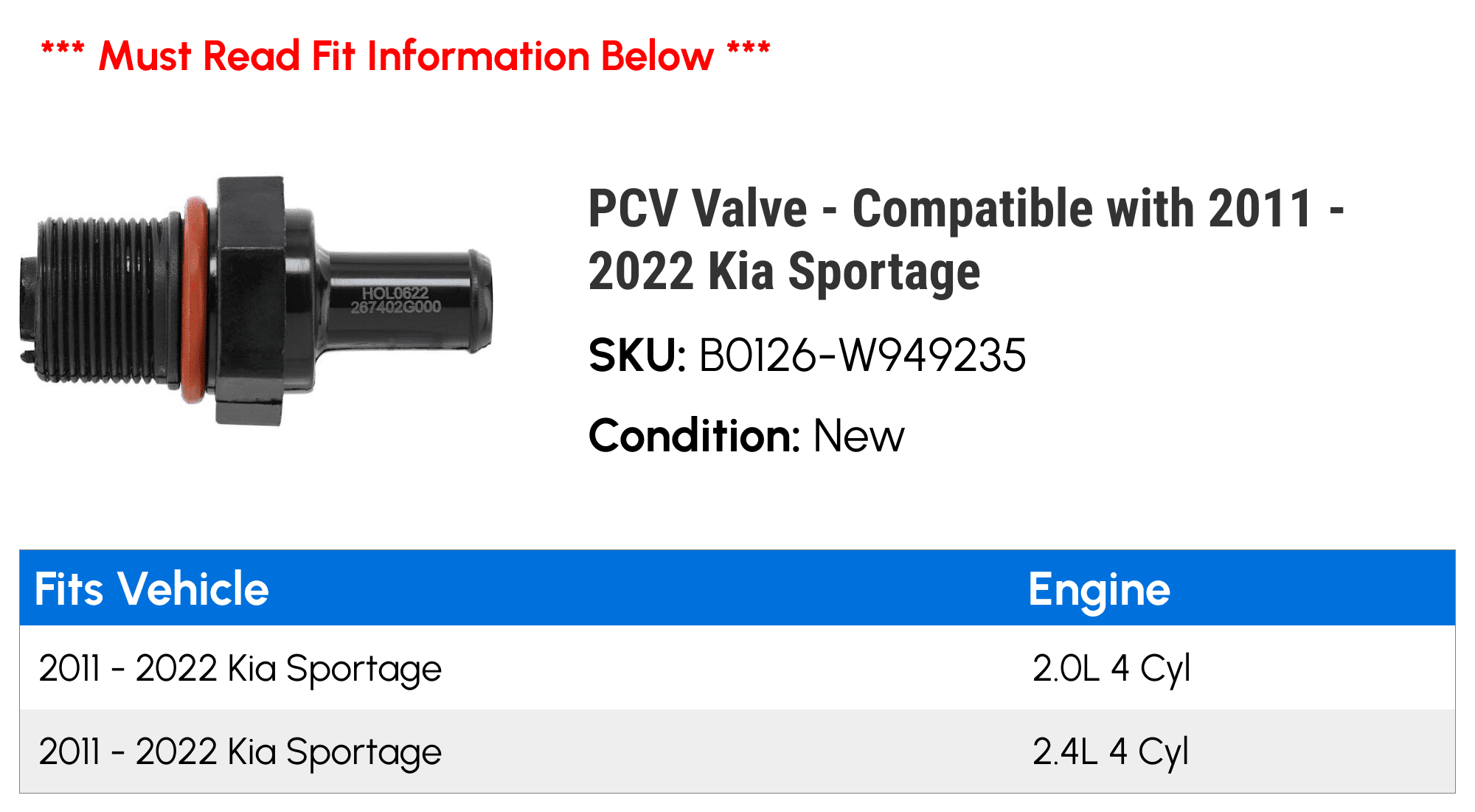PCV Valve - Compatible with 2011 - 2022 Kia Sportage 2012 2013 2014 2015 2016 2017 2018 2019 2020 2021