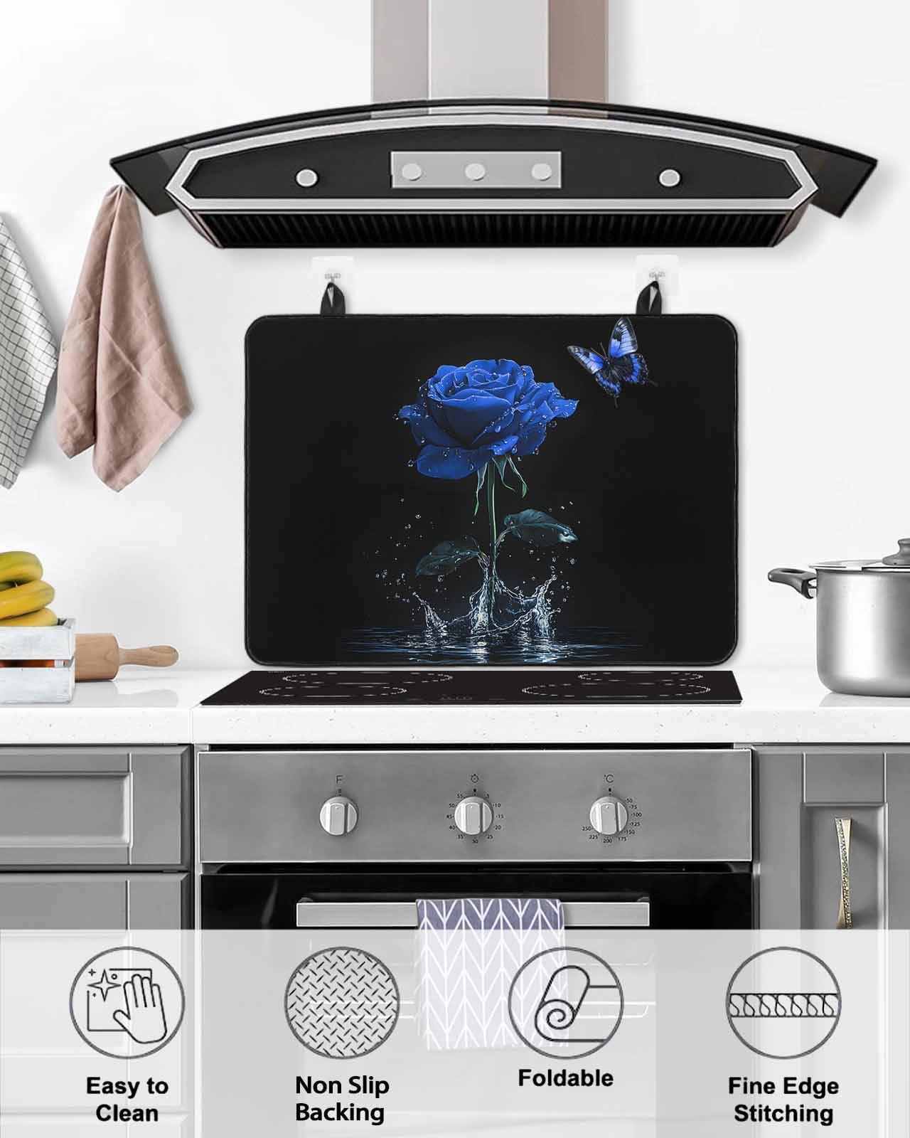 nqOlkjepod Large Induction Cooktop Protector Mat 36"x21", Blue Roses Stove Top Covers for Electric Stove, Modern Art Splash Flowers Butterfly Stove Burner Cover Mats, Glass Top Stove Cover