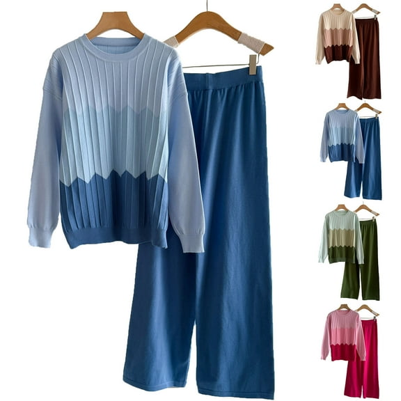 Knitted Sets for Women 2 Piece Long Sleeve Crewnceck Pleated Top Elastic Waist Wide Leg Pants Casual Loose Color Block Suit Fashion Fall Winter Cozy Warm Outfits