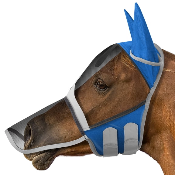 SmithBuilt Horse Equine Fly Mask (Blue, Horse) with Long Nose, Ear Protection, Fine Mesh