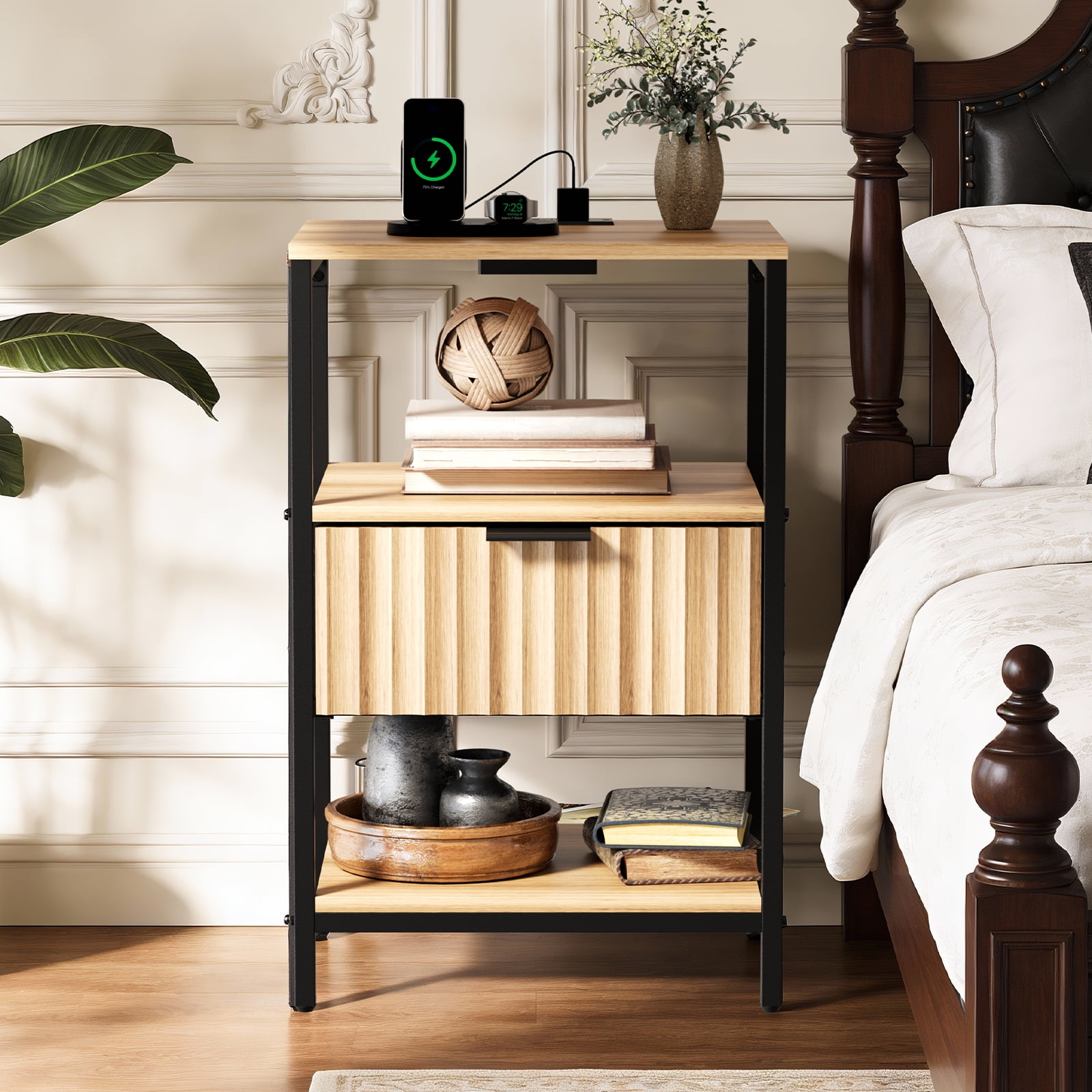 Ktaxon Fluted Nightstand with Charging Station End Table with Drawers Bedside Table Furniture for Bedroom, Living Room, Oak