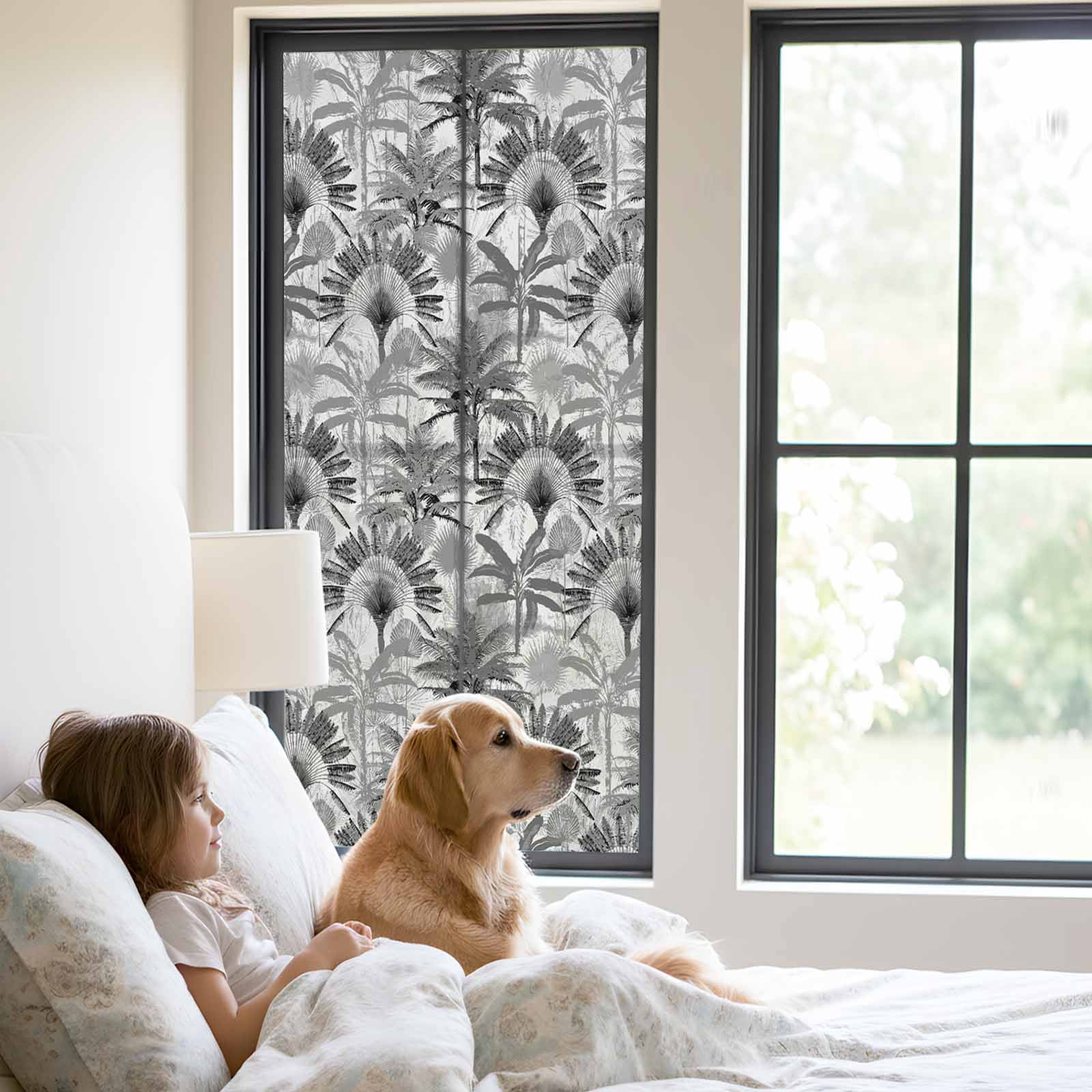Grey Tropical Leaves Window Privacy Film, Summer Palm Trees Botanical Static Cling UV Sun Blocking Tint Film Heat Control Windows Films for Bedroom Bathroom, Window Stickers 23.6"x59"