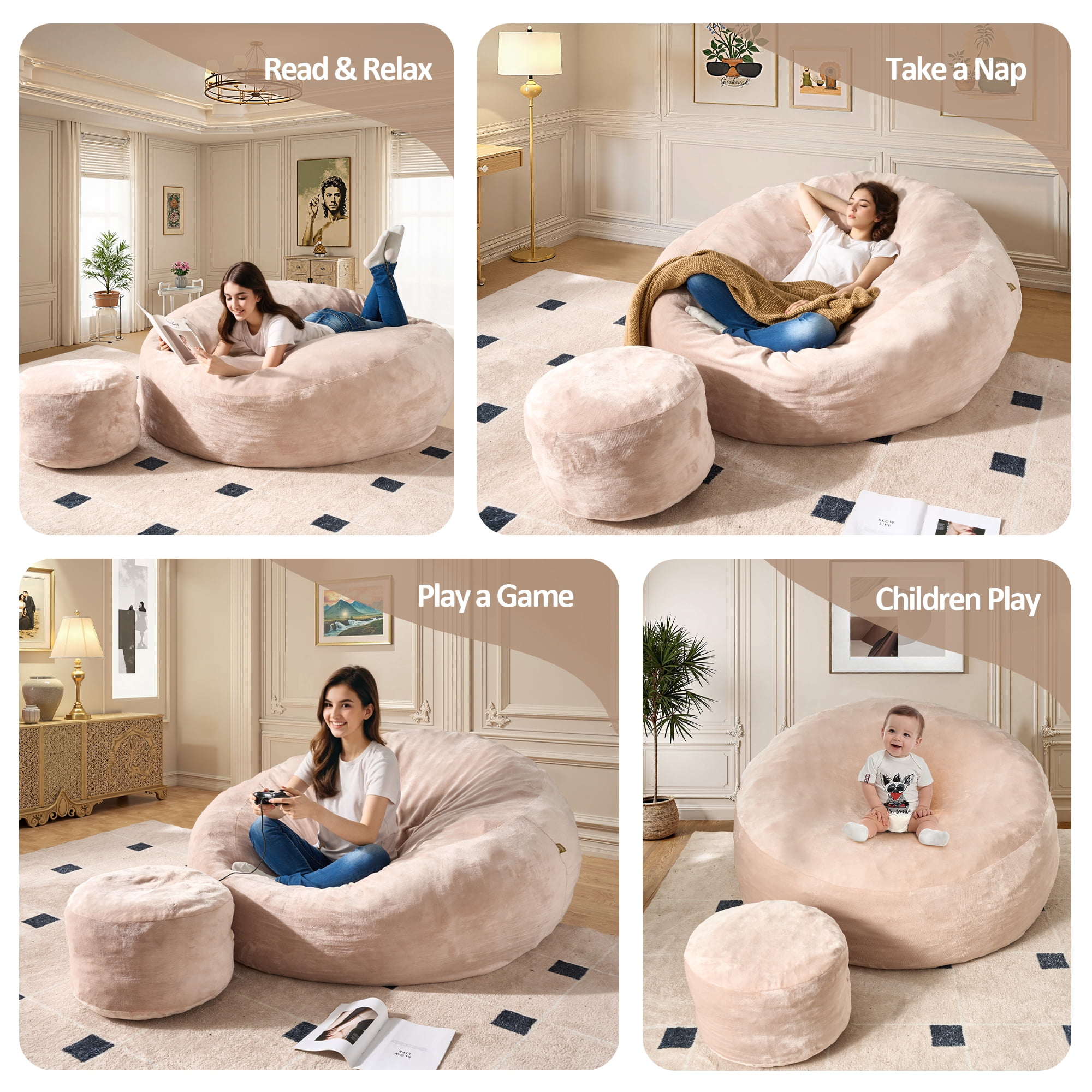 Vcatnet 59" Oversized Bean Bag Chair for Adults with Ottoman Giant Bean Bag Sofa Couch with Memory Foam Upholstered Lazy Floor Sofa for Living Room Bedroom, Beige