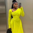 thumbnail image 4 of Women's Diagonal Collar Long Sleeve Pleated Irregular Dress, High Waist, Solid Color, 4 of 25