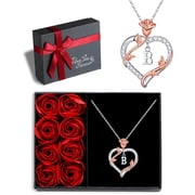 Iefil Anniversary Gifts for Wife, S925 Sterling Silver Initial Heart Necklace for Women, Dianty Rose Jewelry, Birthday Gifts for Mom, 19+2In, B