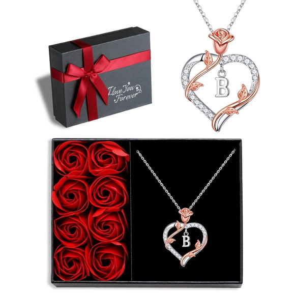 Iefil I Love You Gifts for Her with Rose Box, 925 Sterling Silver Rose Heart Initial B Letter Pendant Necklace Jewelry for Women Anniversary Women Gifts for Her Girlfriend Wife